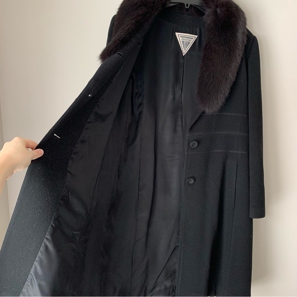 VINTAGE Marvin Richards 100% Lambswool Long Black Jacket Women's 12 Fur Collar - Picture 5 of 7